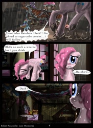 Size: 1275x1754 | Tagged: safe, artist:helenasherzblut, derpibooru import, pinkie pie, rainbow dash, earth pony, pegasus, pony, fanfic:silent ponyville, comic, dark, eerie, lost memories, rain, sugarcube corner, wet