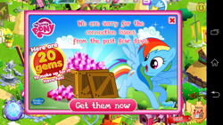 Size: 854x480 | Tagged: safe, screencap, rainbow dash, pegasus, pony, apology, gameloft, gem, text