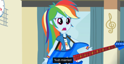 Size: 1600x830 | Tagged: safe, screencap, rainbow dash, equestria girls, rainbow rocks, shake your tail, guitar, married, meme, solo, youtube caption