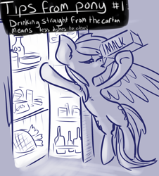 Size: 1280x1417 | Tagged: safe, artist:nobody, rainbow dash, pegasus, pony, bipedal leaning, drinking, eyes closed, malk, milk, monochrome, refrigerator, solo, spread wings