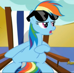 Size: 1429x1415 | Tagged: safe, derpibooru import, screencap, rainbow dash, pegasus, pony, every little thing she does, sitting, solo, sunglasses