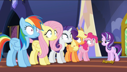 Size: 1920x1080 | Tagged: safe, derpibooru import, screencap, fluttershy, pinkie pie, rainbow dash, rarity, starlight glimmer, earth pony, pegasus, pony, unicorn, every little thing she does, discovery family logo, fiducia compellia, hypnosis, hypnotized