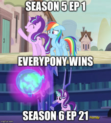 Size: 500x551 | Tagged: safe, derpibooru import, edit, edited screencap, screencap, rainbow dash, starlight glimmer, pegasus, pony, every little thing she does, discovery family logo, image macro, meme