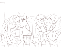 Size: 900x700 | Tagged: safe, artist:goat train, fluttershy, rainbow dash, rarity, twilight sparkle, twilight sparkle (alicorn), alicorn, pegasus, pony, unicorn, cinema, drink, female, food, lesbian, monochrome, popcorn, rarilight, scared, shipping, sitting, sketch