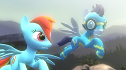 Size: 1197x668 | Tagged: safe, artist:chiramii-chan, rainbow dash, soarin', pegasus, pony, 3d, female, gmod, goggles, male, shipping, soarindash, source filmmaker, straight, wonderbolts uniform