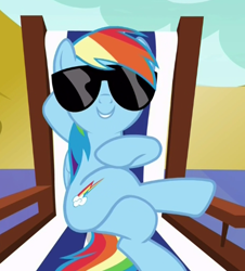 Size: 409x453 | Tagged: safe, derpibooru import, screencap, rainbow dash, pegasus, pony, every little thing she does, chillaxing, solo, sunglasses