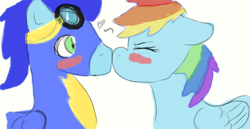 Size: 900x464 | Tagged: safe, artist:dalmationmolly, rainbow dash, soarin', pegasus, pony, blushing, female, heart, kissing, male, shipping, soarindash, straight, wonderbolts uniform