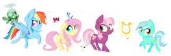 Size: 4752x1560 | Tagged: safe, artist:skajcia, derpibooru import, angel bunny, cheerilee, fluttershy, lyra heartstrings, rainbow dash, tank, bird, pegasus, pony, chibi, lyre