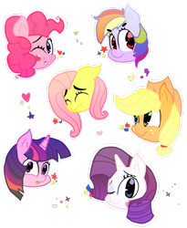 Size: 819x1000 | Tagged: safe, artist:glitz, derpibooru import, applejack, fluttershy, pinkie pie, rainbow dash, rarity, twilight sparkle, earth pony, pegasus, pony, unicorn, blushing, cute, heart, looking at you, mane six, one eye closed, open mouth, simple background, smiling, sparkles, sticker, sweat, tooth gap, transparent background, wink