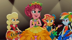 Size: 1604x902 | Tagged: safe, derpibooru import, screencap, applejack, gloriosa daisy, rainbow dash, sunset shimmer, equestria girls, legend of everfree, alternate hairstyle, clothes, crystal gala, discovery kids, dress, flying v, guitar