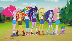 Size: 1920x1090 | Tagged: safe, derpibooru import, screencap, applejack, fluttershy, pinkie pie, rainbow dash, rarity, sci-twi, spike, spike the regular dog, sunset shimmer, twilight sparkle, dog, equestria girls, legend of everfree, applejack's hat, camp everfree outfits, cap, clothes, converse, cowboy hat, glasses, hat, humane five, humane seven, humane six, legend of everfree post-credits, legs, mane seven, mane six, messy hair, reaction, shocked, shoes, sneakers, socks