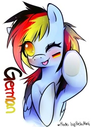 Size: 680x942 | Tagged: source needed, safe, artist:nekumanï, derpibooru import, rainbow dash, pegasus, pony, cute, dashabetes, german, german dash, germany, one eye closed, rainbow deutsch, solo, tongue out, wink