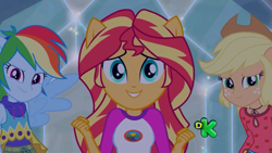 Size: 1366x768 | Tagged: safe, derpibooru import, screencap, applejack, rainbow dash, sunset shimmer, equestria girls, legend of everfree, camp fashion show outfit, discovery kids, ponied up