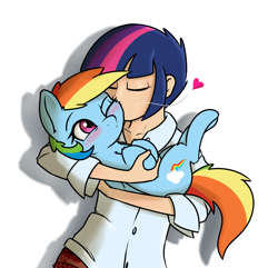 Size: 1633x1573 | Tagged: safe, artist:captainpudgemuffin, derpibooru import, rainbow dash, twilight sparkle, human, pony, blushing, cute, dashabetes, female, heart, holding a pony, humanized, interspecies, kissing, lesbian, mare, shipping, twiabetes, twidash