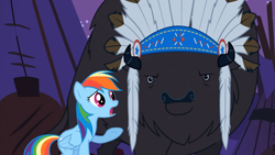 Size: 1365x768 | Tagged: safe, screencap, chief thunderhooves, rainbow dash, pegasus, pony, over a barrel, bison, compassion, cute, dashabetes, female, kindness, mare, rainbow dash is best pony