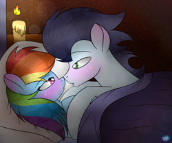 Size: 1024x853 | Tagged: dead source, safe, artist:northlights8, derpibooru import, rainbow dash, soarin', pegasus, pony, candlelight, drool, drool string, implied sex, kissing, male, shipping, soarindash, straight