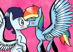 Size: 1024x723 | Tagged: safe, artist:lrusu, rainbow dash, soarin', pegasus, pony, backwards cutie mark, blushing, eyes closed, female, flying, kissing, male, shipping, soarindash, straight, surprise kiss, surprised, wingboner