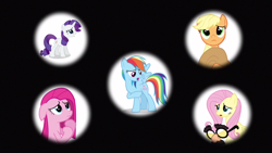 Size: 640x360 | Tagged: safe, derpibooru import, screencap, applejack, fluttershy, pinkie pie, rainbow dash, rarity, earth pony, pegasus, pony, unicorn, magical mystery cure, groucho mask, pinkamena diane pie, swapped cutie marks