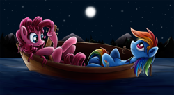 Size: 1500x821 | Tagged: safe, artist:xioade, derpibooru import, pinkie pie, rainbow dash, earth pony, pegasus, pony, boat, lute, moon, moonlight, night, night sky, stargazing, water