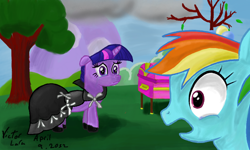 Size: 854x512 | Tagged: safe, artist:yoshiringo, rainbow dash, twilight sparkle, pegasus, pony, unicorn, fanfic:bittersweet, casket, clothes, coffin, crying, dress, fanfic, fanfic art, funeral, sad, shocked