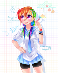 Size: 1165x1469 | Tagged: safe, artist:zorbitas, derpibooru import, rainbow dash, human, anime, bracelet, clothes, compression shorts, humanized, jewelry, pen, pleated skirt, shorts, sketchbook, skirt, solo, wristband