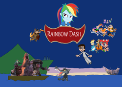 Size: 4609x3273 | Tagged: safe, derpibooru import, rainbow dash, oc, ape, badger, human, kangaroo, pig, rabbit, seal, wolf, equestria girls, blue footed boobie, captain gutt, chamitataxus, crossover, dobson, don bluth, elephant seal, feminism, flynn, gigantopithecus, gupta, ice age, johnny test, kubanochoerus, oscar's oasis, palaeolagus, parody, peter and the wolf, peter pan, phineas and ferb, poster, procoptodon, raz, silas, squint, the amazing world of gumball, the secret of nimh