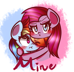 Size: 1024x990 | Tagged: safe, artist:artypaints, derpibooru import, pinkie pie, rainbow dash, earth pony, pegasus, pony, blushing, cute, cuteamena, dashabetes, diapinkes, female, hug, lesbian, mare, pinkadash, pinkamena diane pie, pinkiedash, possessive, shipping, straight mane, text