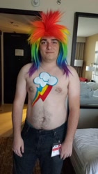 Size: 580x1032 | Tagged: safe, rainbow dash, human, bodypaint, brony, cosplay, irl, irl human, palmer luckey, photo, solo, wig