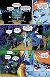 Size: 636x978 | Tagged: safe, artist:andypriceart, derpibooru import, idw, rainbow dash, pegasus, pony, spoiler:comic, spoiler:guardians of harmony, clothes, comic, costume, dialogue, disguise, disguised changeling, female, forest, guardians of harmony, mare, official comic, preview, shadowbolts, shadowbolts costume, speech bubble