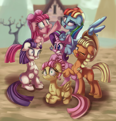 Size: 2000x2086 | Tagged: safe, artist:discorded, derpibooru import, applejack, fluttershy, pinkie pie, rainbow dash, rarity, starlight glimmer, earth pony, pegasus, pony, unicorn, every little thing she does, alternate hairstyle, bad end, creepy smile, equality, looking at you, mane six, mane six opening poses, mind control, smiling, stalin glimmer, this will end in communism