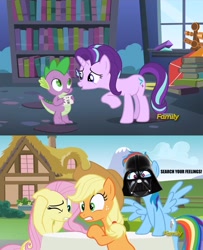 Size: 1500x1851 | Tagged: safe, derpibooru import, edit, edited screencap, screencap, applejack, fluttershy, rainbow dash, spike, starlight glimmer, dragon, earth pony, pegasus, pony, every little thing she does, angry, card, darth vader, hundreds of users filter this tag, male, screencap comic, shipping, sparlight, star wars, starlight's room, straight, yelling