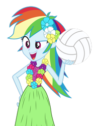 Size: 1280x1662 | Tagged: safe, derpibooru import, rainbow dash, equestria girls, clothes, grass skirt, huladash, simple background, skirt, solo, transparent background, volleyball