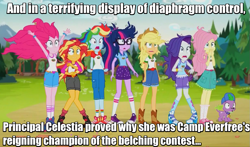 Size: 1021x600 | Tagged: safe, derpibooru import, edit, edited screencap, screencap, applejack, fluttershy, pinkie pie, rainbow dash, rarity, sci-twi, spike, spike the regular dog, sunset shimmer, twilight sparkle, dog, equestria girls, legend of everfree, clothes, converse, humane seven, image macro, implied princess celestia, implied principal celestia, legend of everfree post-credits, mane seven, mane six, meme, messy hair, shocked, shoes, sneakers