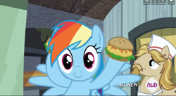 Size: 1289x707 | Tagged: safe, screencap, jeff letrotski, rainbow dash, pegasus, pony, trade ya, burger, caption, food, hamburger, hub logo, oat burger