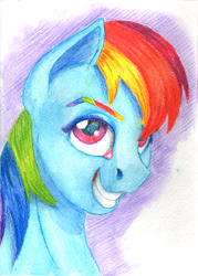 Size: 1287x1800 | Tagged: safe, artist:sa1ntmax, derpibooru import, rainbow dash, pegasus, pony, bust, colored eyebrows, grin, looking at you, portrait, smiling, solo, traditional art