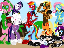 Size: 1024x766 | Tagged: safe, artist:erenerakhard, derpibooru import, applejack, fluttershy, pinkie pie, rainbow dash, rarity, twilight sparkle, earth pony, pegasus, pony, unicorn, bionicle, crossover, gali, kopaka, lego, lewa, onua, pohatu, tahu, toafied