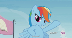 Size: 1440x763 | Tagged: safe, screencap, rainbow dash, pegasus, pony, trade ya, hub logo, meme, solo, youtube caption