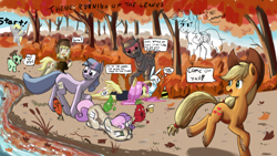 Size: 1920x1080 | Tagged: safe, artist:aemantaslim, artist:ailynd, artist:brainflowcrash, artist:living_dead, artist:strangersaurus, derpibooru import, angel bunny, applejack, derpy hooves, fluttershy, march gustysnows, rainbow dash, sweetie belle, twilight sparkle, earth pony, pegasus, pony, unicorn, zombie, :c, :p, :t, alcohol, armor, beer, clothes, confused, dirty, dirty hooves, drawpile disasters, eyepatch, female, flying, frown, glare, hat, jacket, leaf, leaves, looking back, mare, mud, muddy, open mouth, prone, raised eyebrow, raised hoof, running, running of the leaves, shirt, smiling, speech bubble, spread wings, thought bubble, tired, tongue out, ushanka, wat, wings