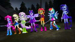 Size: 1920x1080 | Tagged: safe, artist:razethebeast, derpibooru import, applejack, fluttershy, pinkie pie, rainbow dash, rarity, sunset shimmer, twilight sparkle, twilight sparkle (alicorn), alicorn, equestria girls, 3d, boots, clothes, compression shorts, denim skirt, everyone gets a sword, humane seven, jacket, leather jacket, leg warmers, pleated skirt, ponied up, shoes, shorts, skirt, socks, source filmmaker, sword, tanktop, weapon