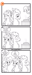 Size: 1300x3000 | Tagged: safe, artist:foxbeast, derpibooru import, applejack, rainbow dash, soarin', earth pony, pegasus, pony, comic:pie love, blushing, comic, food, male, monochrome, pie, shipping, soarinjack, straight, that pony sure does love pies, wide eyes