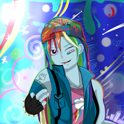 Size: 1800x1800 | Tagged: safe, artist:helgabuttercup, derpibooru import, rainbow dash, equestria girls, bandaid, bracelet, cap, clothes, fingerless gloves, gloves, hat, jewelry, solo, spiked wristband, vest