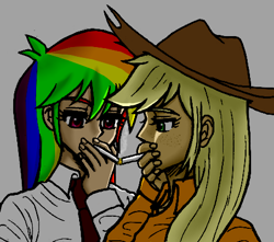 Size: 454x401 | Tagged: safe, artist:asdf314159265, derpibooru import, applejack, rainbow dash, appledash, black lagoon, cigarette, cigarette kiss, female, humanized, lesbian, shipping, smoking