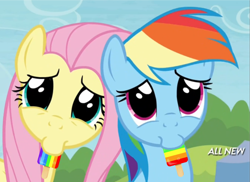 Size: 672x489 | Tagged: safe, edit, screencap, fluttershy, rainbow dash, pegasus, pony, trade ya, popsicle