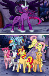 Size: 792x1224 | Tagged: safe, artist:stoneyashes, derpibooru import, applejack, fluttershy, midnight sparkle, pinkie pie, rainbow dash, rarity, sunset shimmer, twilight sparkle, pony, equestria girls, alternate mane six, alternate timeline, corrupted, elements of harmony, equestria girls ponified, mane six, ponified, role reversal, watermark