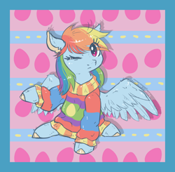 Size: 886x868 | Tagged: safe, artist:kyaokay, rainbow dash, pegasus, pony, clothes, looking at you, one eye closed, oversized clothes, rainbow dash always dresses in style, raised hoof, sitting, solo, spread wings, sweater, wings