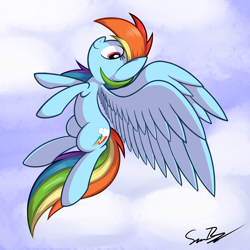 Size: 2700x2700 | Tagged: safe, artist:sheandog, derpibooru import, rainbow dash, pegasus, pony, backwards cutie mark, cloud, flying, looking back, sky, smiling, solo, spread wings