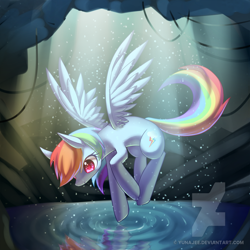 Size: 900x900 | Tagged: safe, artist:yunajee, derpibooru import, rainbow dash, pegasus, pony, cave, crepuscular rays, flying, ripple, solo, water, watermark