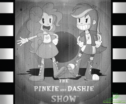 Size: 2322x1925 | Tagged: safe, artist:the-butch-x, derpibooru import, pinkie pie, rainbow dash, equestria girls, bendy and the ink machine, black and white cartoon, boots, clothes, compression shorts, disney, film reel, gloves, looking at you, monochrome, old timey, open mouth, raised leg, retro, shorts, skirt, socks, style emulation