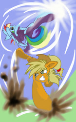 Size: 800x1280 | Tagged: safe, artist:manifest harmony, derpibooru import, applejack, rainbow dash, earth pony, pegasus, pony, action pose, buck, combat, fight, foreshortening, kick, kicking, martial arts, perspective