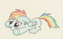 Size: 1200x750 | Tagged: safe, artist:nightfly19, rainbow dash, pegasus, pony, filly, filly rainbow dash, floppy ears, frown, prone, sad, solo, traditional art